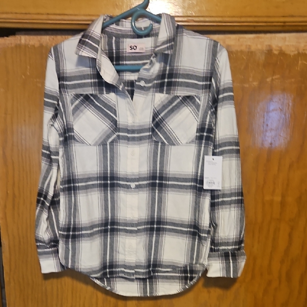 SO Girls' White & Black Plaid Button-Down Shirt